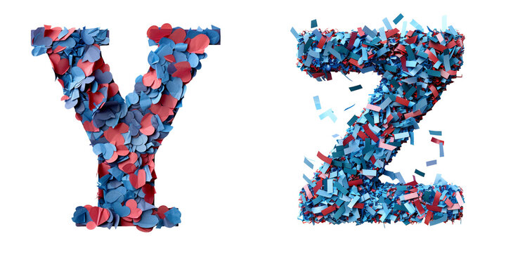 Blue and Red Confetti Letters Y Z Isolated on Transparent or White Background, PNG