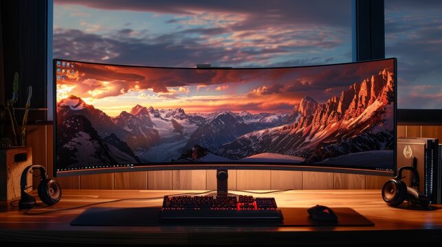 Ultra-wide gaming monitor with curved screen for panoramic views