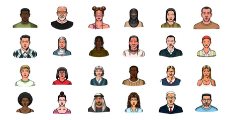 Human Avatars Collection. Faces of people. Characters set. Happy emotions. Portrait for social media, website. Men and women, grandparents and girls. Hand drawn doodle sketch. - 756018105