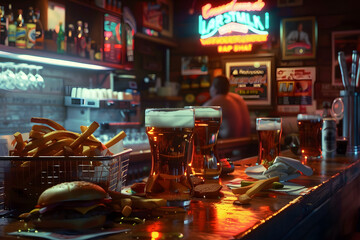 the casual charm of a dive bar, with bartenders serving up cold beers and shots of whiskey alongside baskets of crispy fries and greasy burgers