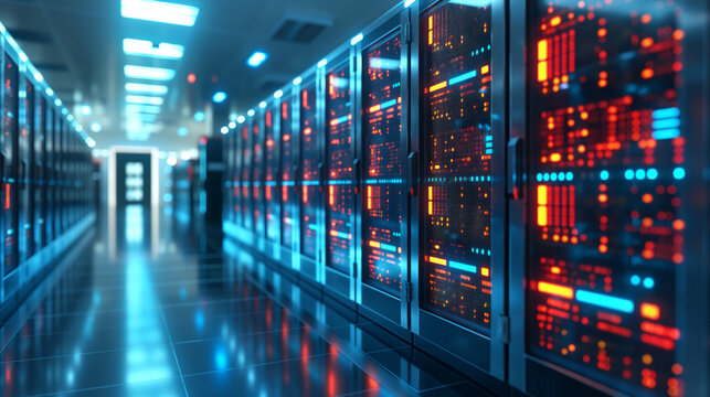 Abstract data center background, database in terminal storage, hardware server room, cloud computing, networking and hosting in rack system