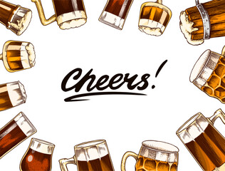 Cheers toast. Beer festival. Vintage Alcoholic. Mug with drink in hand. American banner or poster. Party and holiday. Hand drawn engraved sketch for web, pub menu. - 756018343
