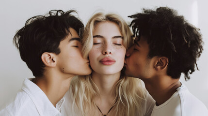 Blond woman in a white shirt kissed by two men. Trio relationship concept. Intimate moment in a romantic trio. Contemporary love and intimacy. Complex relationships and connection. Polygamy. - obrazy, fototapety, plakaty