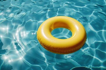 Yellow inflatable ring floating on blue water in swimming pool summer vacation concept Generative AI - obrazy, fototapety, plakaty