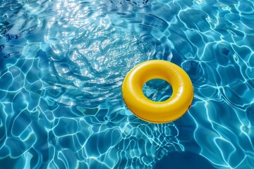 Yellow inflatable ring floating on blue water in swimming pool, top view. summer vacation concept Generative AI - obrazy, fototapety, plakaty