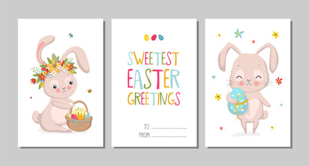 Happy Easter Set of cute greeting cards, posters, holiday covers or banners. Trendy design with typography, hand painted Easter bunny and eggs.