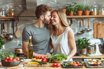 Beautiful young couple is talking and smiling while cooking healthy food in kitchen at home. Man is kissing his girlfriend in cheek - Powered by Adobe