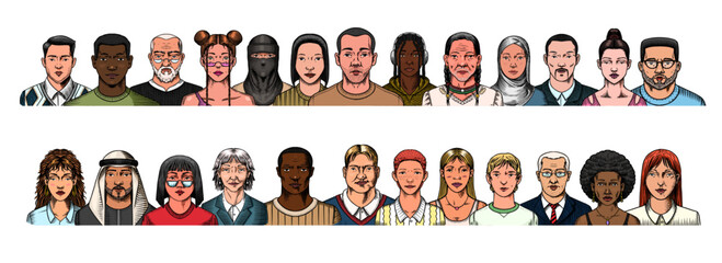 Human Avatars Collection. Faces of people. Characters set. Happy emotions. Portrait for social media, website. Men and women, grandparents and girls. Hand drawn doodle sketch. - 756018949