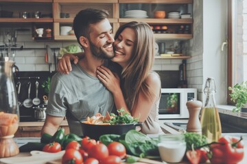Beautiful young couple is talking and smiling while cooking healthy food in kitchen at home. Man is kissing his girlfriend in cheek - Powered by Adobe