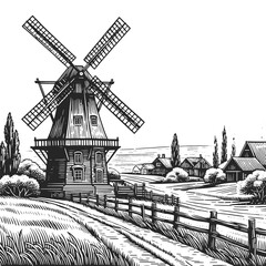 traditional windmill in a pastoral setting, depicted in an engraved style. Sketch engraving generative ai vector illustration. Scratch board imitation. Black and white image. - obrazy, fototapety, plakaty