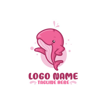 pink whale logo character, cartoon mascot vector