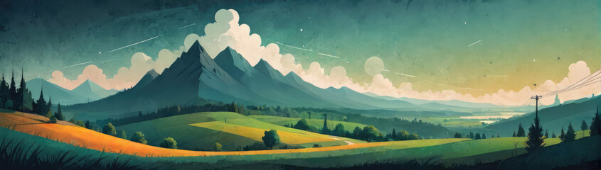 Beautiful mountain landscape with green grass in watercolor style. Illustration - obrazy, fototapety, plakaty