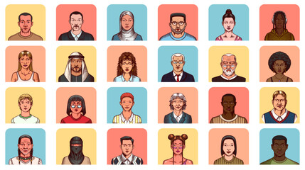 Human Avatars Collection. Faces of people. Characters set. Happy emotions. Portrait for social media, website. Men and women, grandparents and girls. Hand drawn doodle sketch. - 756019361