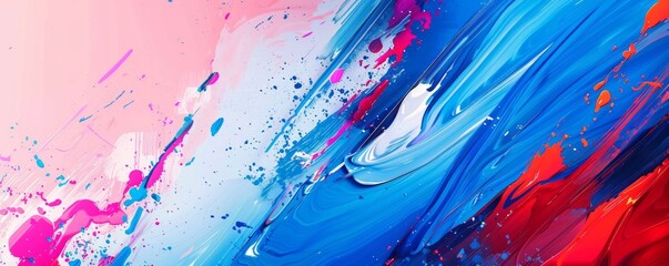 Dynamic abstract expression with swirls of pink, blue, and red splattered across a wide canvas, evoking vibrant artistic chaos