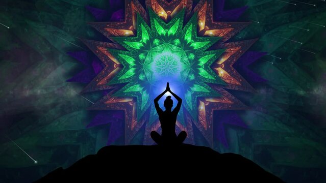Women Top Of The Mountain Doing Meditating Lotus Pose Yoga Animation And Mandala Animation With Universe . A Woman Meditating Chakras Asan. Silhouette Girl Doing Yoga Lotus Position With Mandala Anima