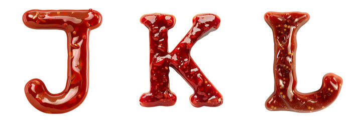 Letters J K L Made of Ketchup Isolated on Transparent or White Background, PNG