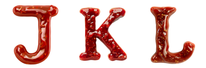 Letters J K L Made of Ketchup Isolated on Transparent or White Background, PNG