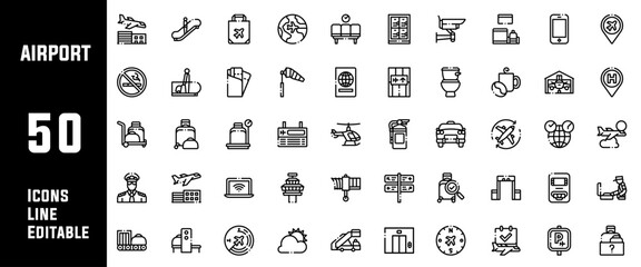 50 Airport Icons Set Line Editable Vector Illustration
