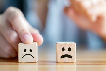 hand picks up the blurred smiling and sad face