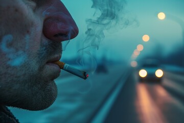 attractive man with a lit cigarette - obrazy, fototapety, plakaty