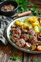 fried pork meatballs with potatoes and fried mushrooms