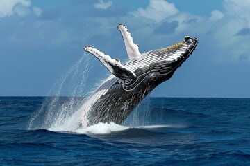 whale jumps happily in the ocean - obrazy, fototapety, plakaty