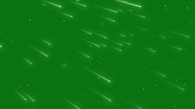Shooting Stars And Twinkle Stars Moving On Green Screen Background. White Stars Moving In The Sky, Glowing Shooting Stars Falling Form Sky On Green Screen Background. Lots Of Shooting Stars Falling