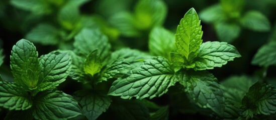 A closeup of mint leaves on a terrestrial plant, a type of flowering plant often used in cooking as fines herbes. Mint is a fragrant herb that belongs to the genus Mentha - obrazy, fototapety, plakaty
