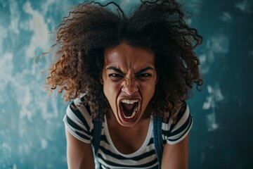 attractive angry african woman shouts with great anger - obrazy, fototapety, plakaty
