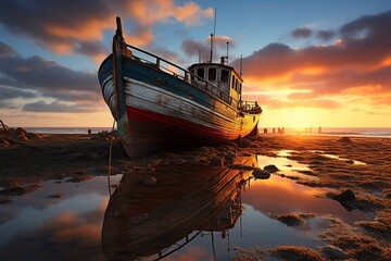 fishing boat anchored during low tide at sunset - obrazy, fototapety, plakaty