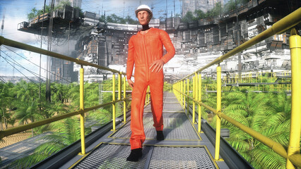 Fototapeta premium People and robot in Futuristic city in desert, flying cars and ships traffic. Future architecture concept. 3d rendering.