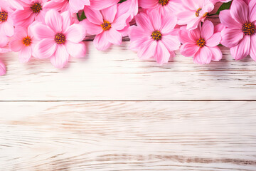 Pink Flowers on a White Wooden Background