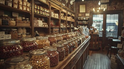 Handmade spherical candies in glass jars for sale in the marketplace
