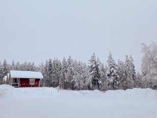 Wooden cottages covered in snow in a beautiful forest landscape in Rovaniemi, Finland
