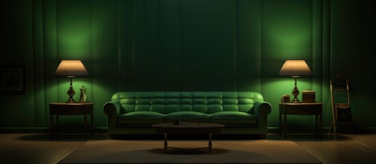 Interior with two lamps, sofa, table, carpet, and empty wall illuminated by green light.