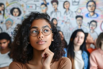 Career education choice options concept - female multi race student thinking of future education contemplating career looking up many people of different professions on background