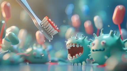 A minimalist 3D scene featuring a charming toothbrush heroically escaping a swarm of cartoon germs - obrazy, fototapety, plakaty