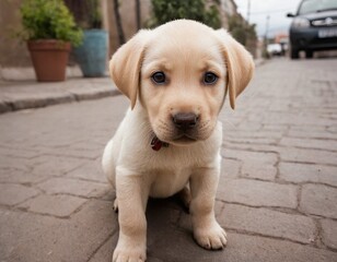 Cute white Labrador puppy looking at the camera on a blurred street background. promotional shot of sad puppies