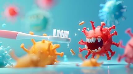 A minimalist 3D scene featuring a charming toothbrush heroically escaping a swarm of cartoon germs - obrazy, fototapety, plakaty