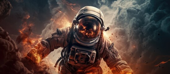 A fictional character in a space suit stands amidst flames, creating a striking image that blends science fiction with action film elements