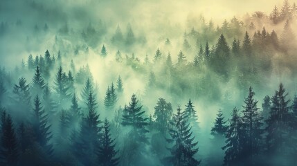 A misty landscape featuring a fir forest, presented in a hipster vintage retro style.