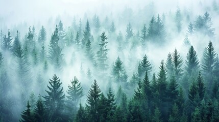 Fototapeta na wymiar A misty landscape featuring a fir forest, presented in a hipster vintage retro style.