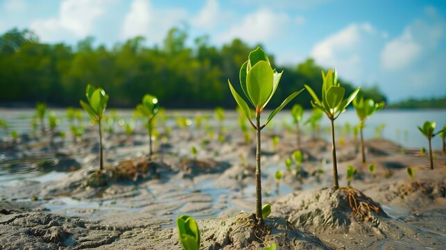 Young mangrove trees growing along the coast of Samsarn Island, Chonburi, Thailand. These seedlings are part of efforts to care for the coastline and protect the environment.