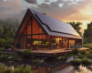 Modern eco friendly passive house with solar panels on the gable roof. Summer time