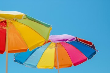 Two colorful beach umbrellas in rainbow colors with a clear blue sky background creating a summer mood Generative AI