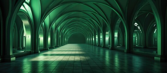 A long green walkway lined with arches and windows creates a symmetrical tunnellike pathway through the building, casting shadows in the darkness - obrazy, fototapety, plakaty