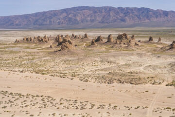Fototapeta na wymiar Desert views and geological formations at Trona Pinnacles in the Mojave Desert.