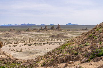 Desert views and geological formations at Trona Pinnacles in the Mojave Desert.