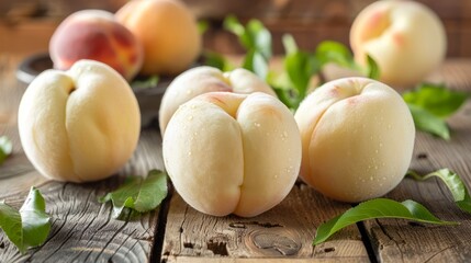 Fresh White Peaches with Leaves on Rustic Wooden Background in Natural Sunlight