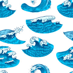 Atlantic tidal waves. Vintage old engraved hand drawn labels. Seamless Pattern. Marine and nautical or sea, ocean in Japanese style for banner, background or poster. Isolated vector illustration. - 756025907